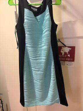 Calvin Klein Black and Aqua Textured Panel Midi Dress